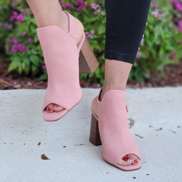 Peep Toe Chunky Heel Slingback Booties Blush Color - Picture 3 of 5